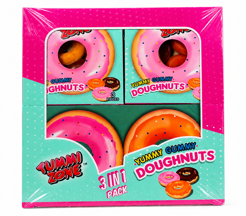 Yummi Zone 3-in-1 pack of gummy doughnuts in a bright pink and teal cardboard box, containing three assorted pairs of colorful gummy doughnuts.