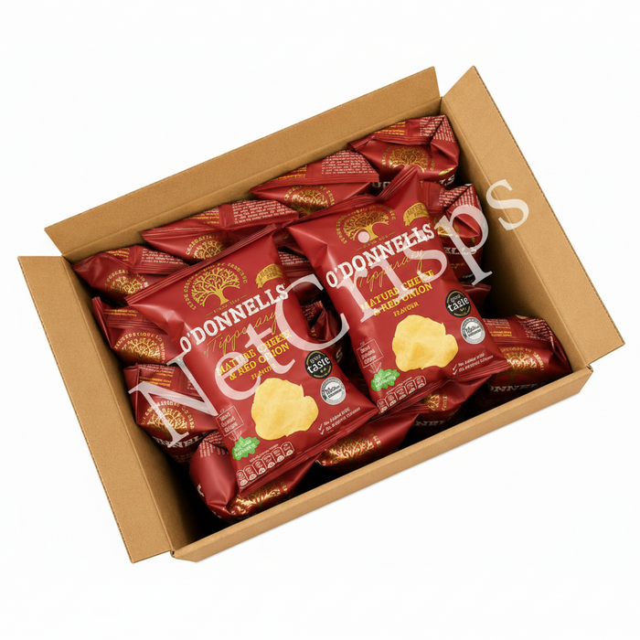 Box of Donnells potato chips on a white background