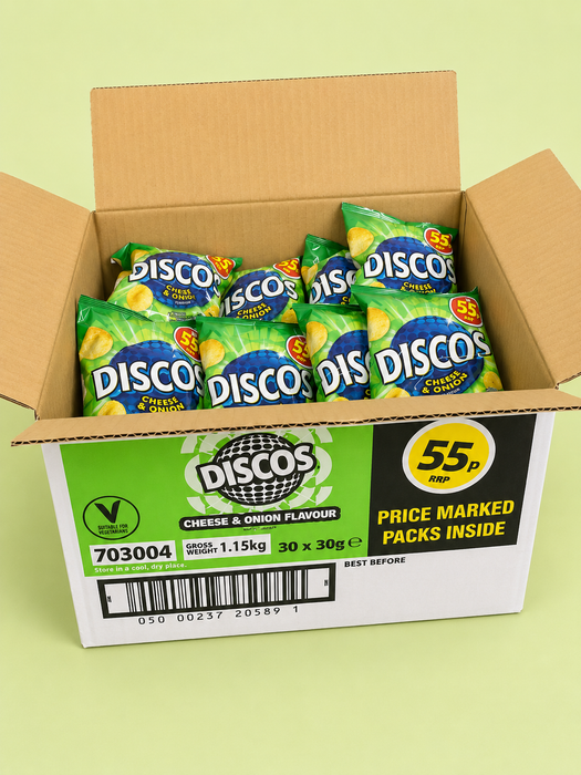 Discos Cheese & Onion Crisps | Box of 30 Packets (30g) | Retro Snacks | Netcrisps