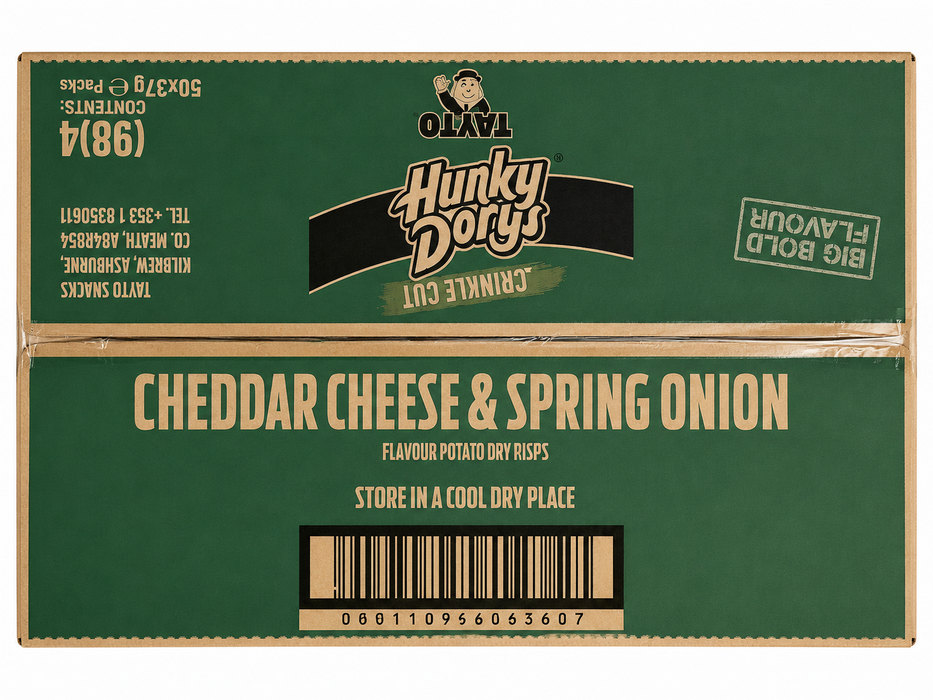 Box of Tayto Cheddar Cheese & Spring Onion crisp packaging with brand logo.