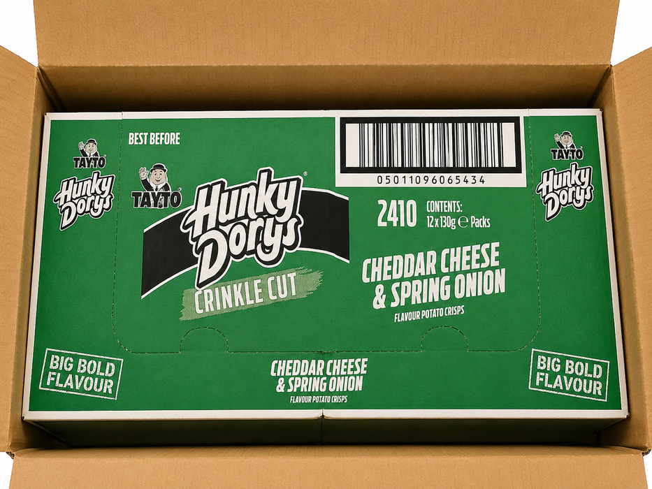 Reduced Hunky Dorys Cheddar Cheese & Spring Onion Crisps | Box of 12 x 130g |  08/07/26