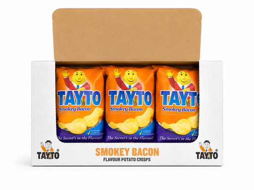 A white cardboard multipack box containing three bags of Tayto Smokey Bacon Flavour Potato Crisps, with the box lid open and the front label reading 'Smokey Bacon' and 'Flavour Potato Crisps'.