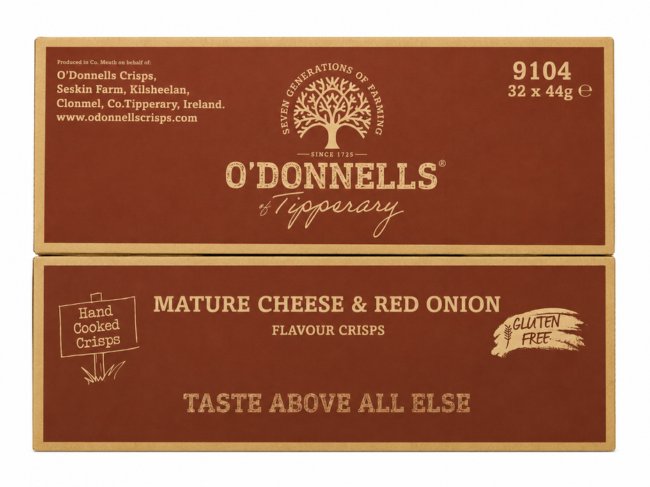 O'Donnell's mature cheese & red onion crisps packaging on a white background