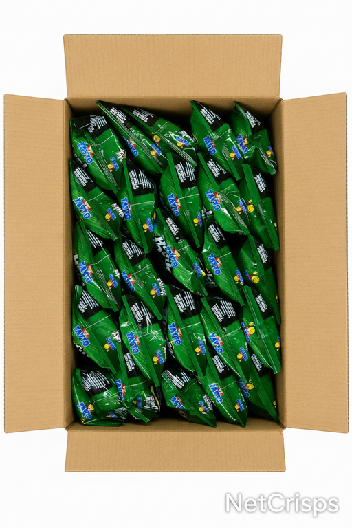 Carton box filled with green packages on a white background