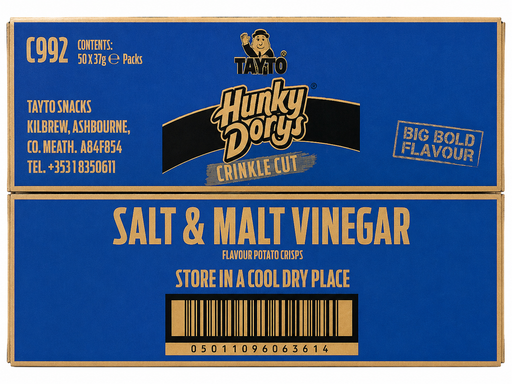 Box of Hunky Dory Salt & Malt Vinegar potato crisps with blue and gold design.