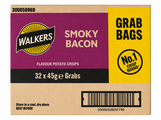 Walkers Smoky Bacon crisp packet on a white background