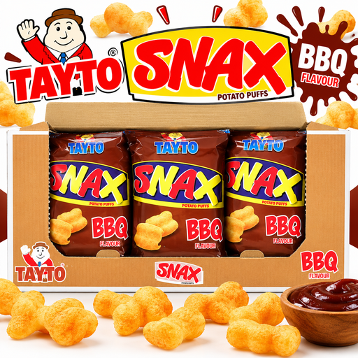 A box of Tayto Snax BBQ Flavour potato puffs shown with three individual bags of the snack inside the carton, plus scattered golden puffs and a small bowl of dark BBQ sauce in front. The brand logo and name are prominently visible at the top and on the packaging.
