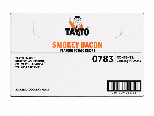 Tayto Smokey Bacon Flavour Potato Crisps packaging box, showing the brand logo, product name, and barcode on a white background.