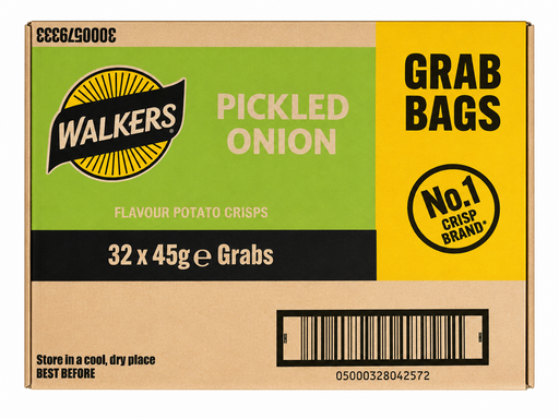Box of Walkers Crisps with branding and product details on a white background