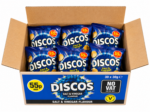 Box of Discos Salt & Vinegar Flavour chips with packaging details.