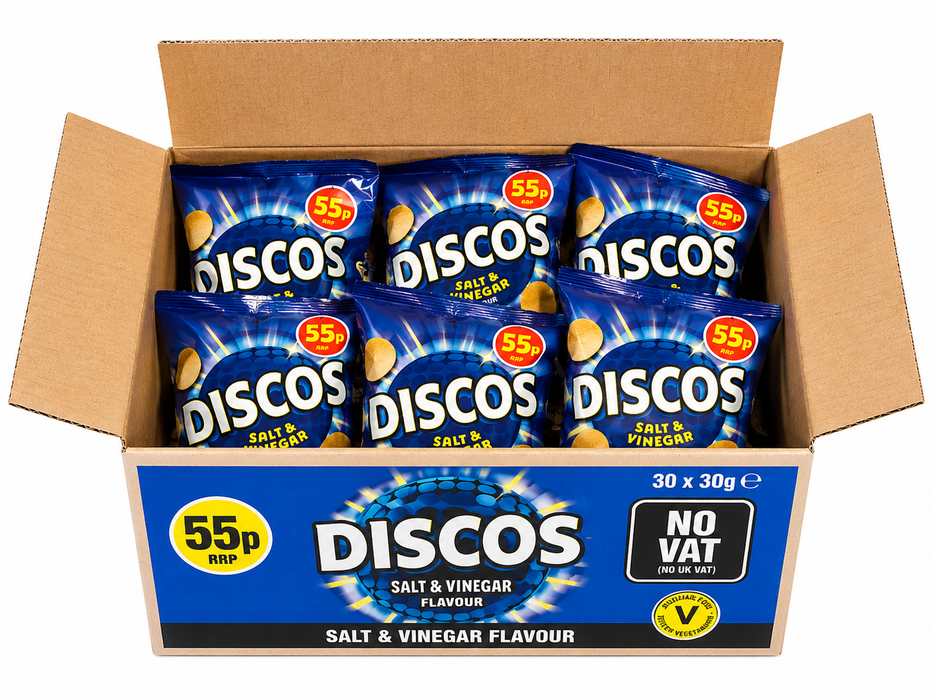 Box of Discos Salt & Vinegar Flavour chips with packaging details.