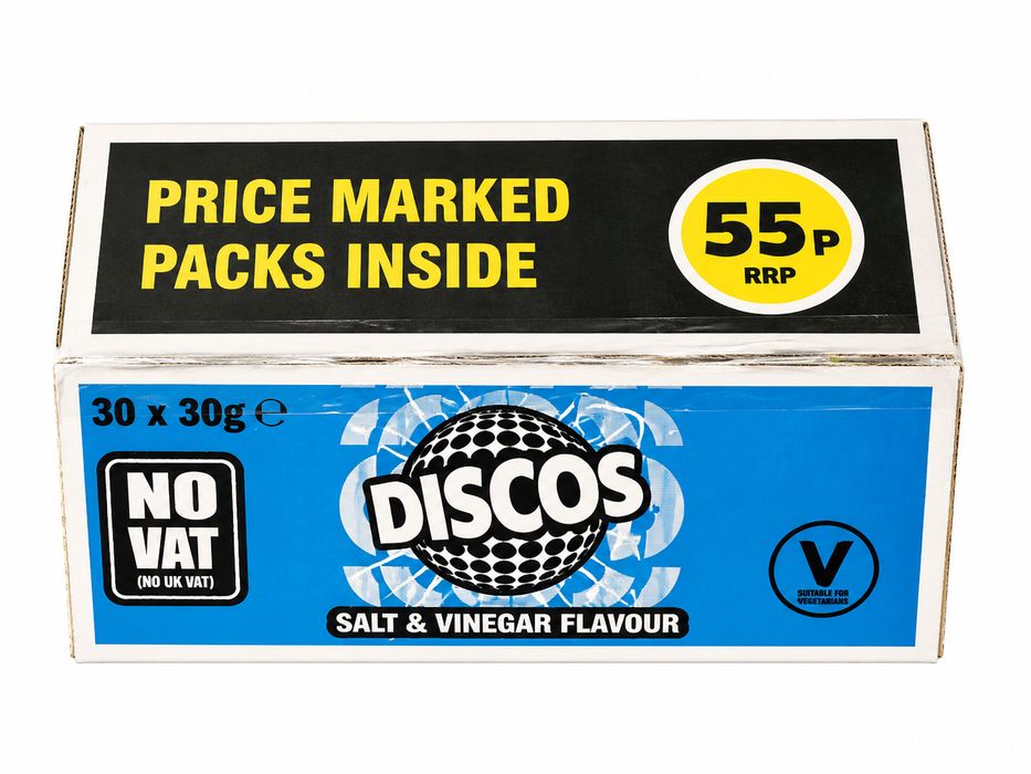 Box of Discos salt and vinegar flavour crisps with price and branding details.