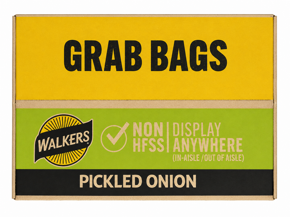 Packaging for Walkers Pickled Onion Grab Bags with green, yellow, and black design.
