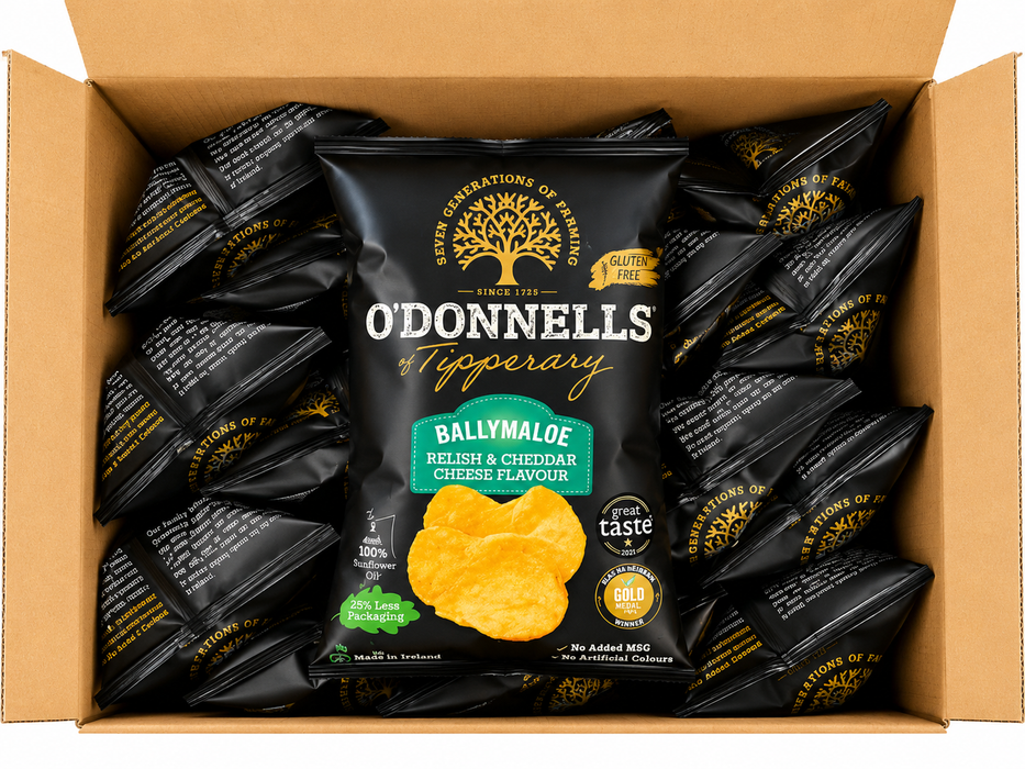 Box of O'Donnells Ballymaloe Relish and Cheddar Cheese | Box of 32 Packets (44g) | Netcrisps