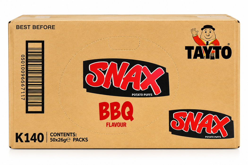 A cardboard box of Tayto Snax BBQ Flavour potato chips, showing the front packaging with the brand logo, barcode, and product details.