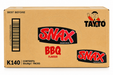 A cardboard box of Tayto Snax BBQ Flavour potato chips, showing the front packaging with the brand logo, barcode, and product details.
