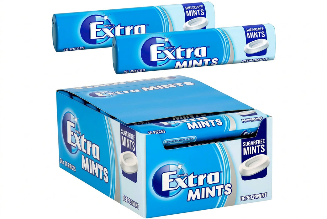 A box of Extra Mints sugarfree peppermint gum mints with two additional rolls of the same product displayed above it on a plain white background.