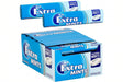 A box of Extra Mints sugarfree peppermint gum mints with two additional rolls of the same product displayed above it on a plain white background.