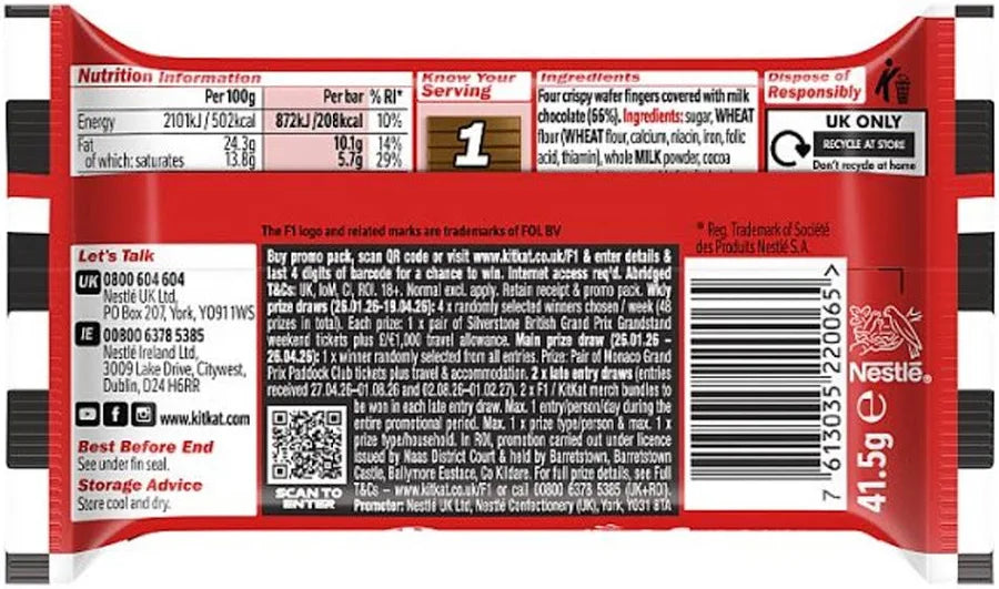 KitKat F1 Formula 1 4 Finger Milk Chocolate Bar – Bulk Box 24 x 41.5g