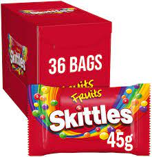 A red box of Skittles Fruits candy next to a single 45g packet, with '36 BAGS' printed on the box.