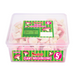 A clear plastic container filled with pink and white giant mushroom-shaped sweets labeled "Swizzels Giant Mushrooms, 120 Count