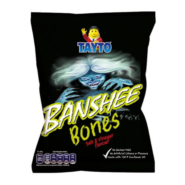 A black snack bag labeled "Banshee Bones" featuring a ghostly figure, with salt and vinegar flavor, by Tayto. 