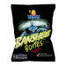 A black snack bag labeled "Banshee Bones" featuring a ghostly figure, with salt and vinegar flavor, by Tayto. 