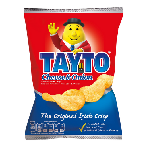 A bag of Tayto Cheese & Onion potato crisps 