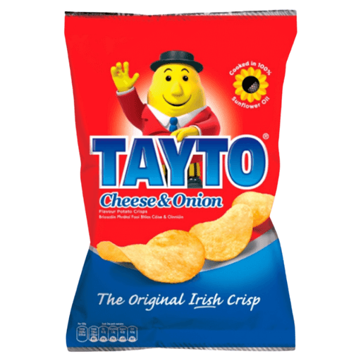 A bag of Tayto Cheese & Onion crisps featuring a vibrant red design, emphasizing its Irish origin and cooked in sunflower oil.