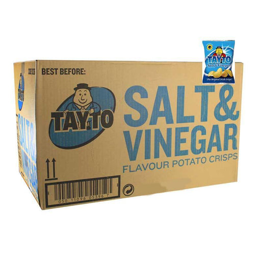A Tayto Box Of Salt and Vinegar Crisps (50 x 35g shop/pub size), features a cartoon mascot, best before date, barcode, and an image of the original packet in the top right corner—ideal for salt & vinegar crisp fans.