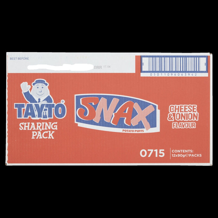Tayto Snax Sharing Bag - Box of 12 x 90g | Cheese & Onion Puffs |Netcrisps - NetCrisps