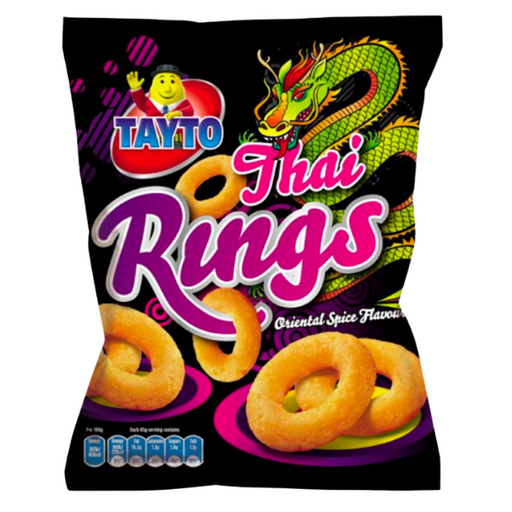 A colorful snack bag of Tayto Thai Rings, featuring a dragon design and labeled "Oriental Spice Flavour," with ring-shaped snacks visible.