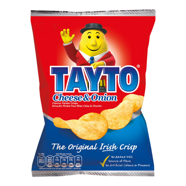 Tayto Cheese and Onion | Box of 50 Packets (37g) Number 1 selling crisp in Ireland.