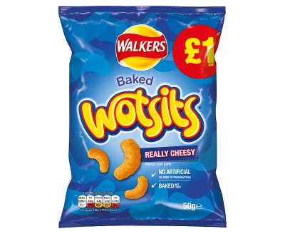 A box of 15 x 50g Walkers Wotsits Really Cheesy Snacks—baked corn snacks made with real cheese and no artificial colors or preservatives. Each pack features the Walkers logo, cheese puff images, and a £1 label.