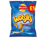 A box of 15 x 50g Walkers Wotsits Really Cheesy Snacks—baked corn snacks made with real cheese and no artificial colors or preservatives. Each pack features the Walkers logo, cheese puff images, and a £1 label.