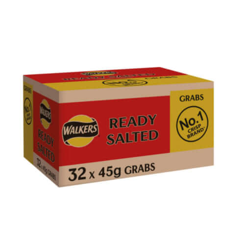 A box of Walkers Ready Salted crisps, the No.1 Crisp Brand, containing 32 packs of 32.5g each in red and beige packaging with bold branding and made with Sunseed oil for less saturated fat.