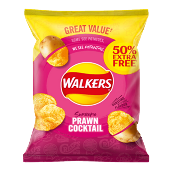 Walkers Prawn Cocktail | Box of 32 Packets (50g) 50% Extra Free Edition