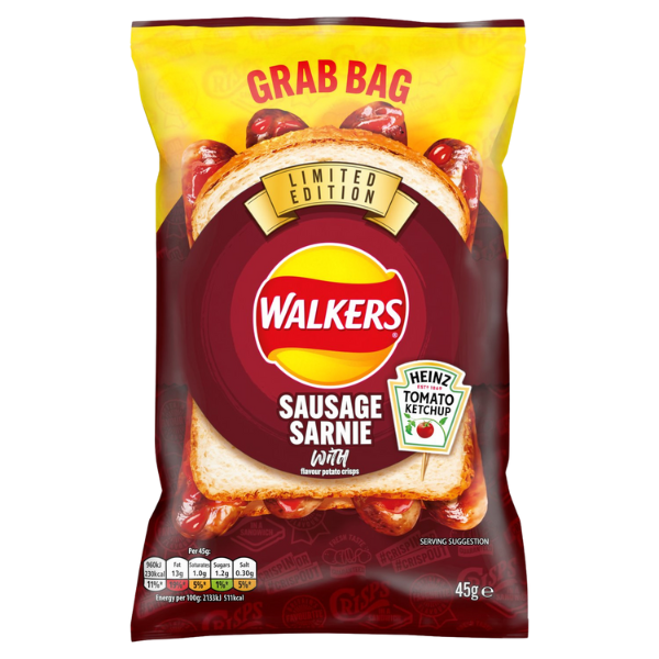 LIMITED EDITION Walkers Sausage Sarnie with Ketchup | Box of 32 Packets (45g)