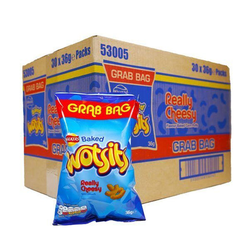 A Walkers Wotsits Baked Really Cheesy box of 30 x 36g packs is shown with a blue and yellow snack bag in front, matching the branding and displaying an image of cheesy corn puffs.