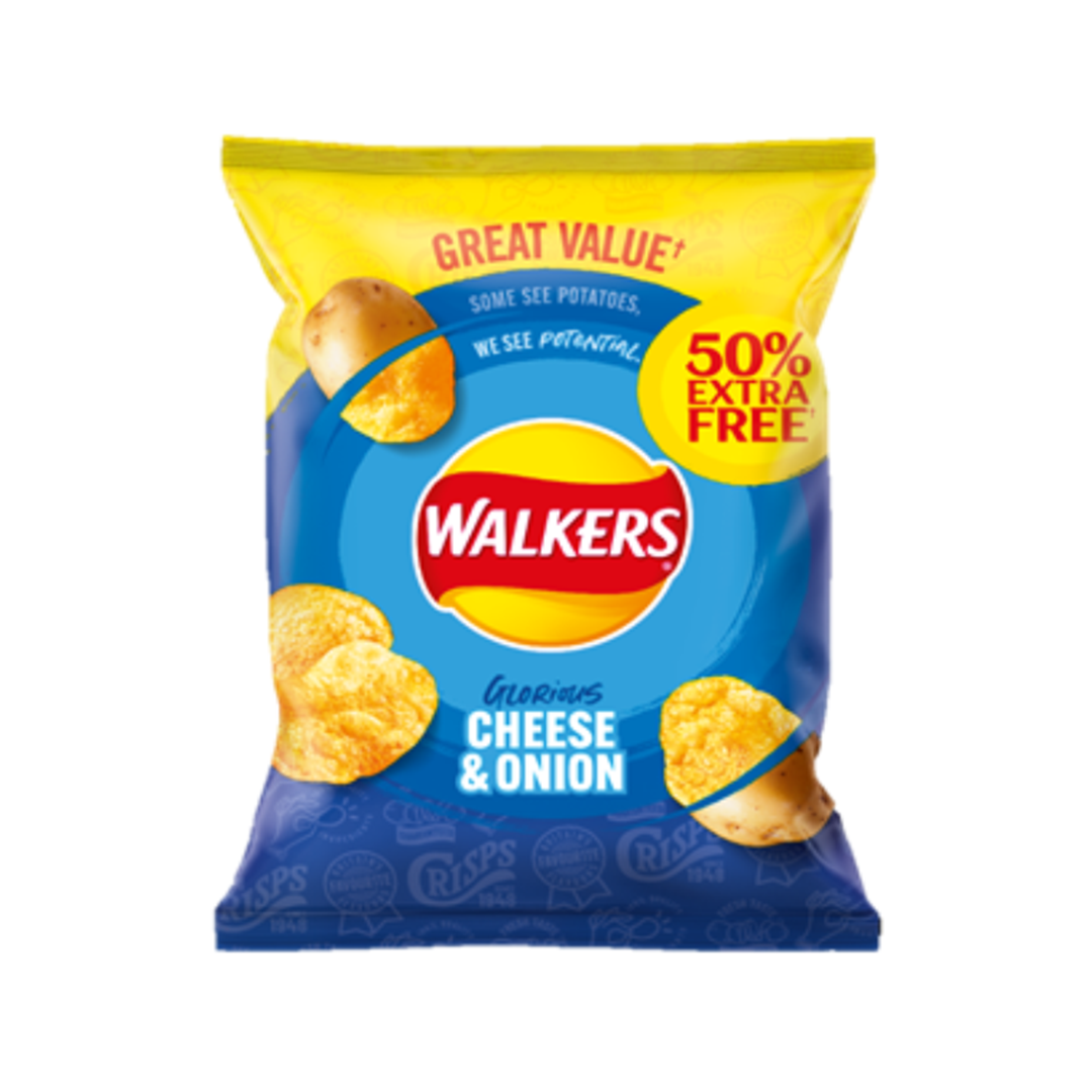 Box of Walkers Cheese and Onion Box of 32 Packets (50g) Netcrisps