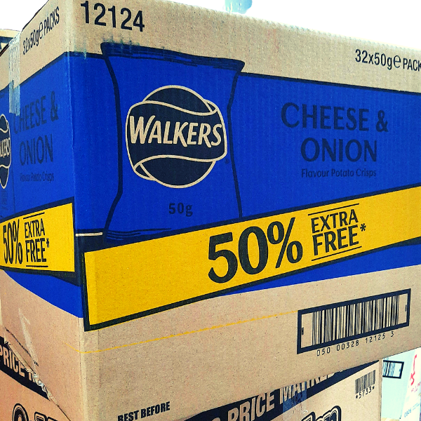 Box of Walkers Cheese and Onion 50% EXTRA FREE | Box of 32 Packets (50g)